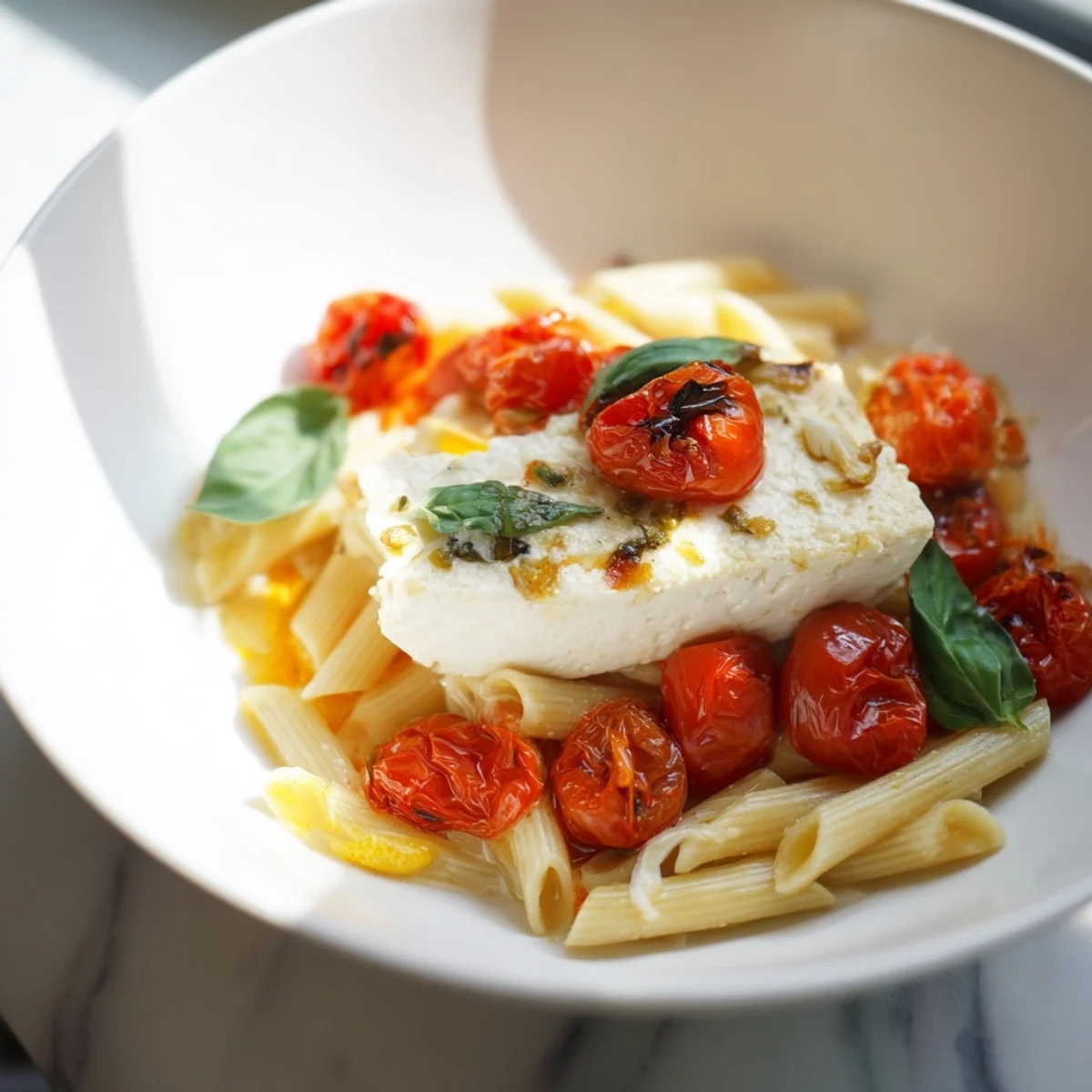 A delicious close-up showcases the rich, creamy Baked Feta Pasta with vibrant cherry tomatoes.