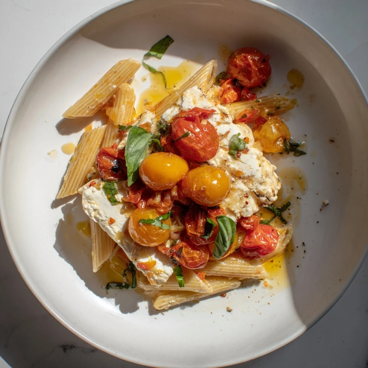Golden Baked Feta Pasta, with bubbling roasted tomatoes and creamy feta cheese, ready to serve!