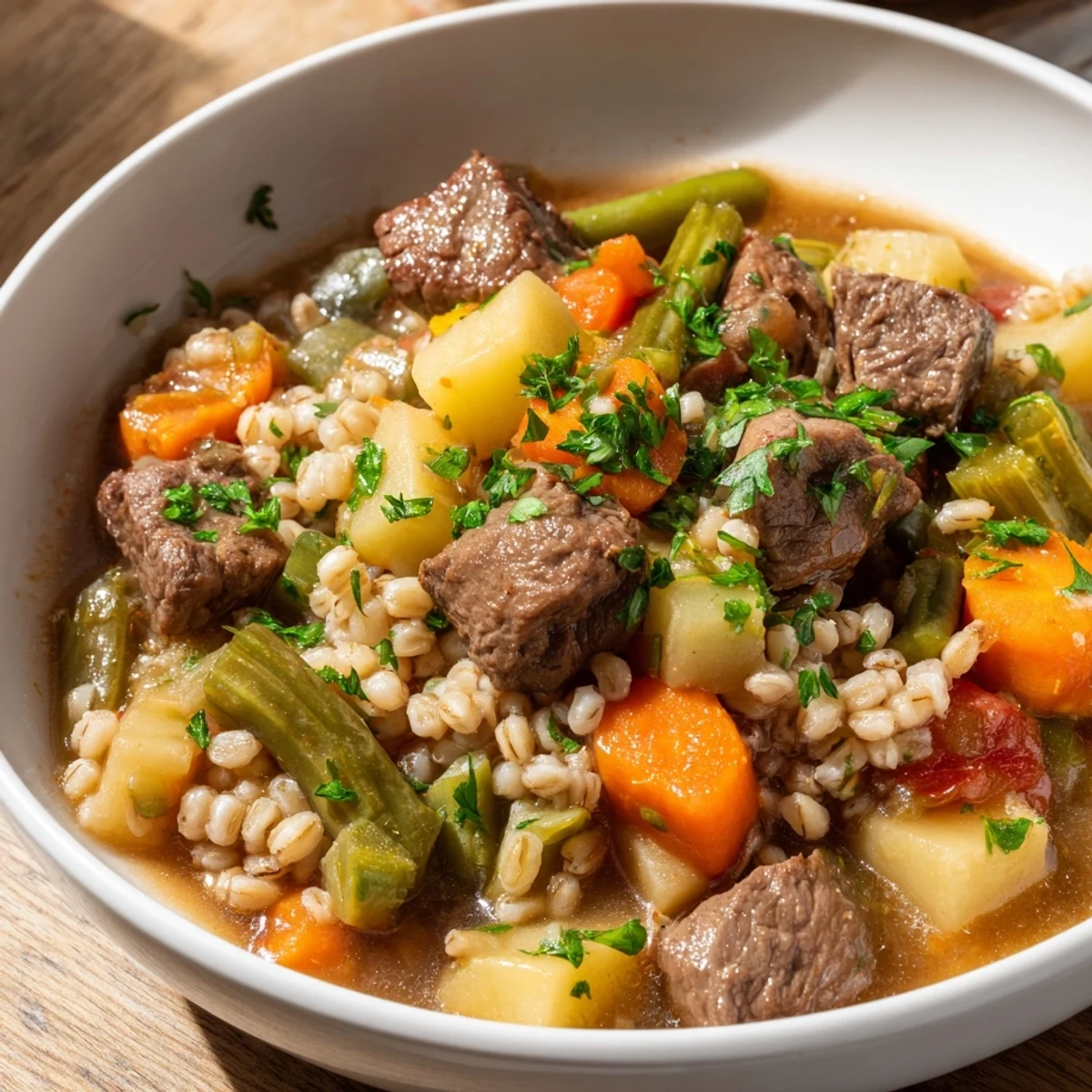 Hearty Beef and Barley Vegetable Stew, a warm, savory bowl of tender beef and vegetables simmering gently.