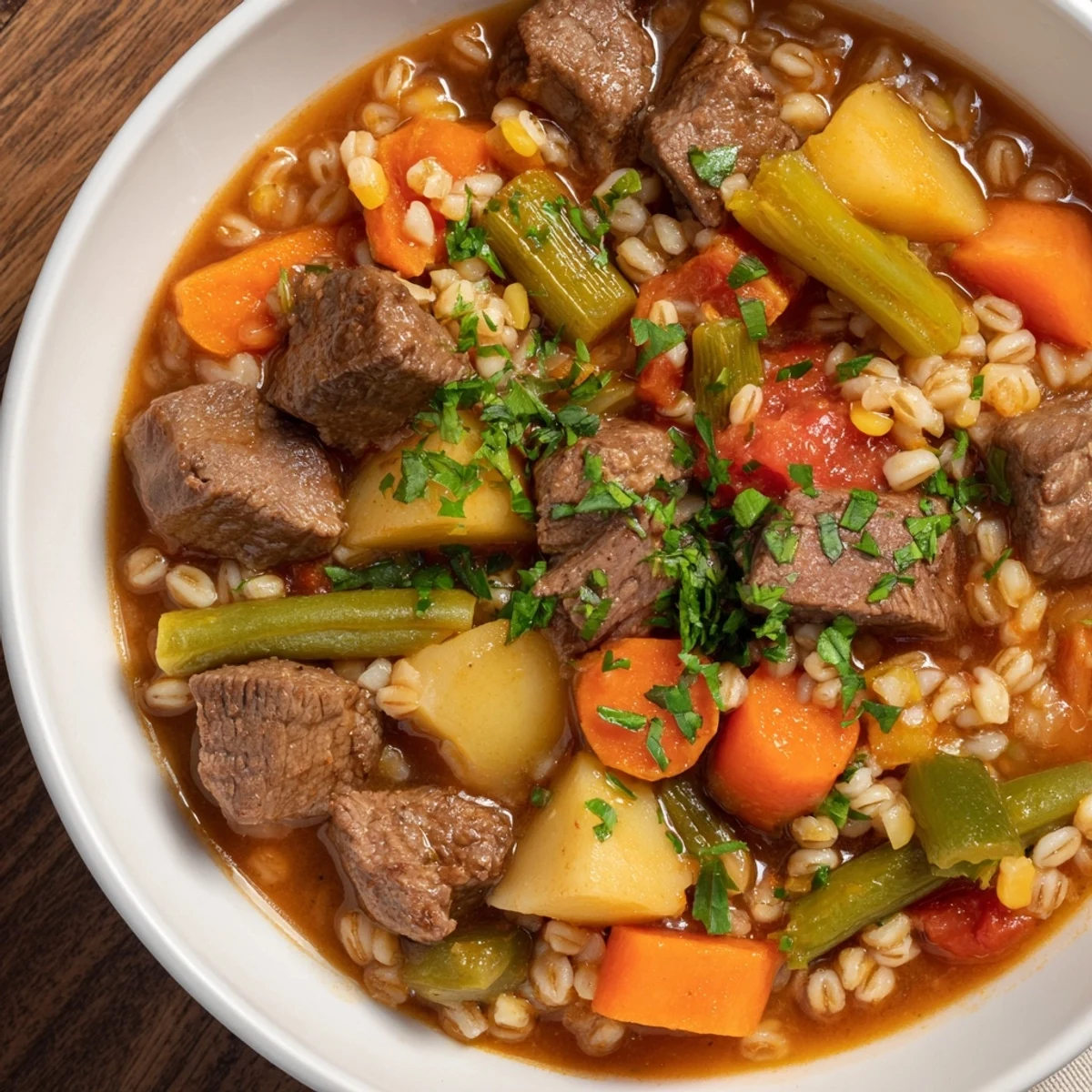 This satisfying Hearty Beef and Barley Vegetable Stew features large chunks of beef and a rich, flavorful broth with barley.