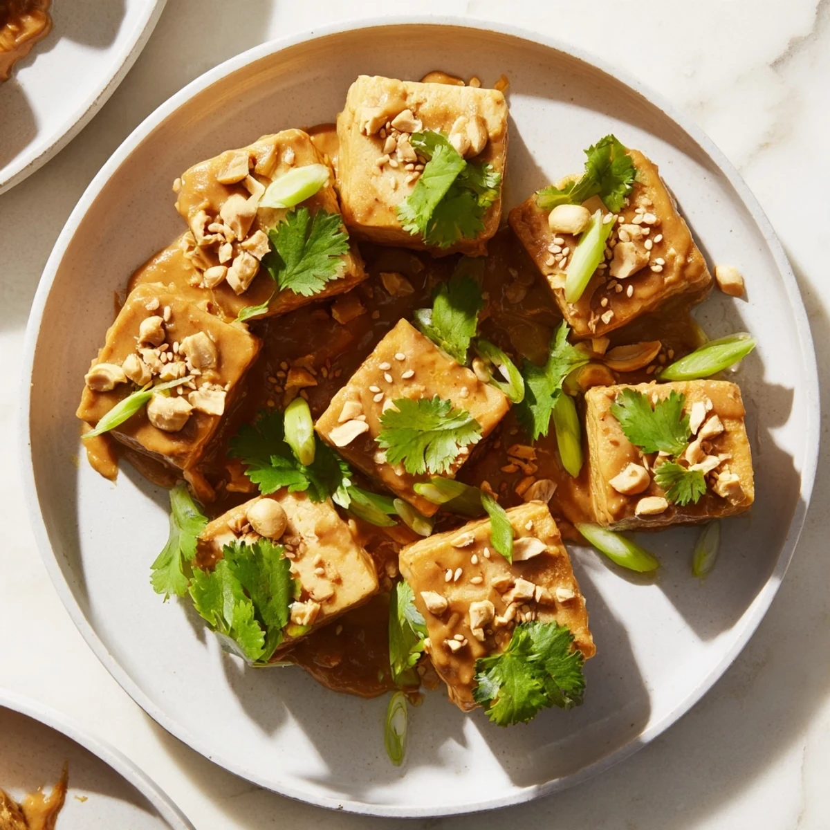 Golden brown crispy baked tofu glistening with a delicious peanut sauce, ready to serve over rice.