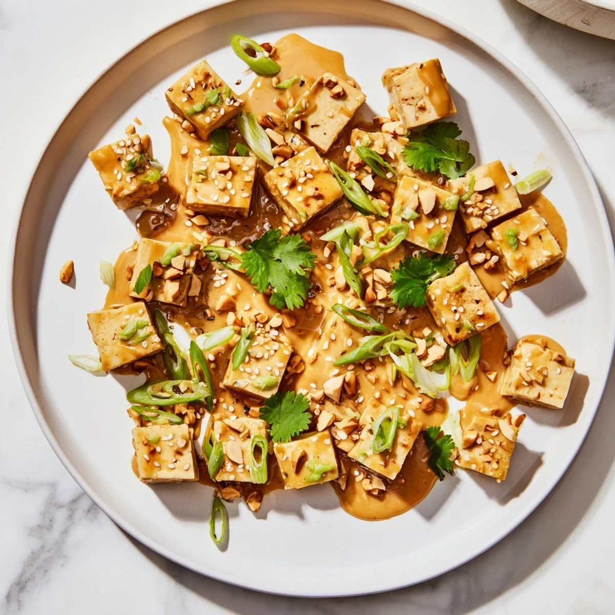 Savory and flavorful: A close-up of crispy baked tofu smothered in a creamy peanut sauce.