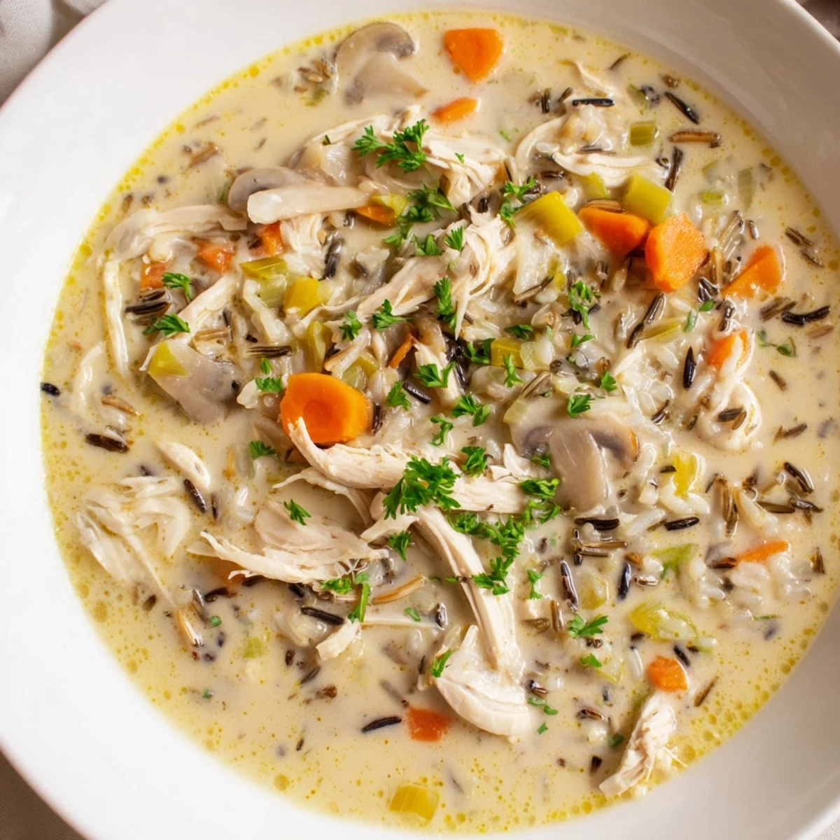 Steaming Instant Pot Chicken and Wild Rice Soup, topped with fresh parsley, looks incredibly delicious.