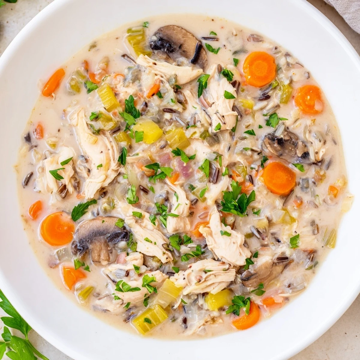 A close-up of the hearty Instant Pot Chicken and Wild Rice Soup, revealing tender chicken and fluffy rice.