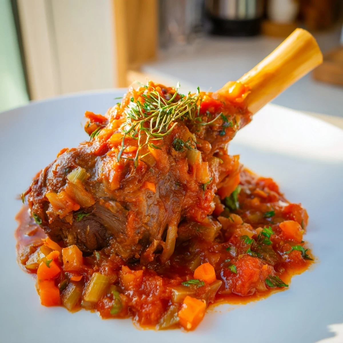 Fragrant slow-cooked lamb shanks, falling off the bone, swimming in a rich tomato sauce, ready to serve.