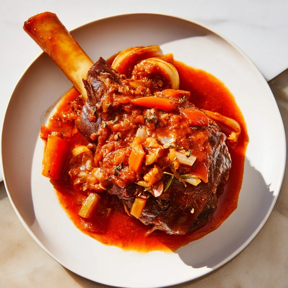 Tender slow cooked lamb shanks in tomato sauce, with a glistening, savory sauce perfect over mashed potatoes.