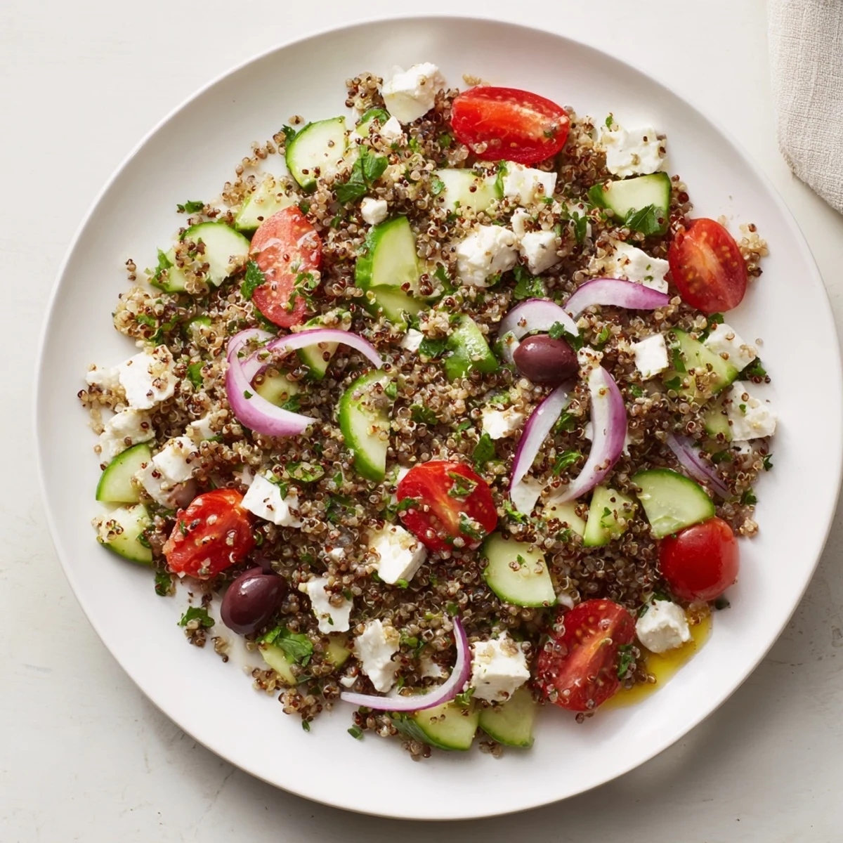 A colorful Mediterranean Quinoa Salad, with feta cheese, cucumber, and a bright lemon dressing.