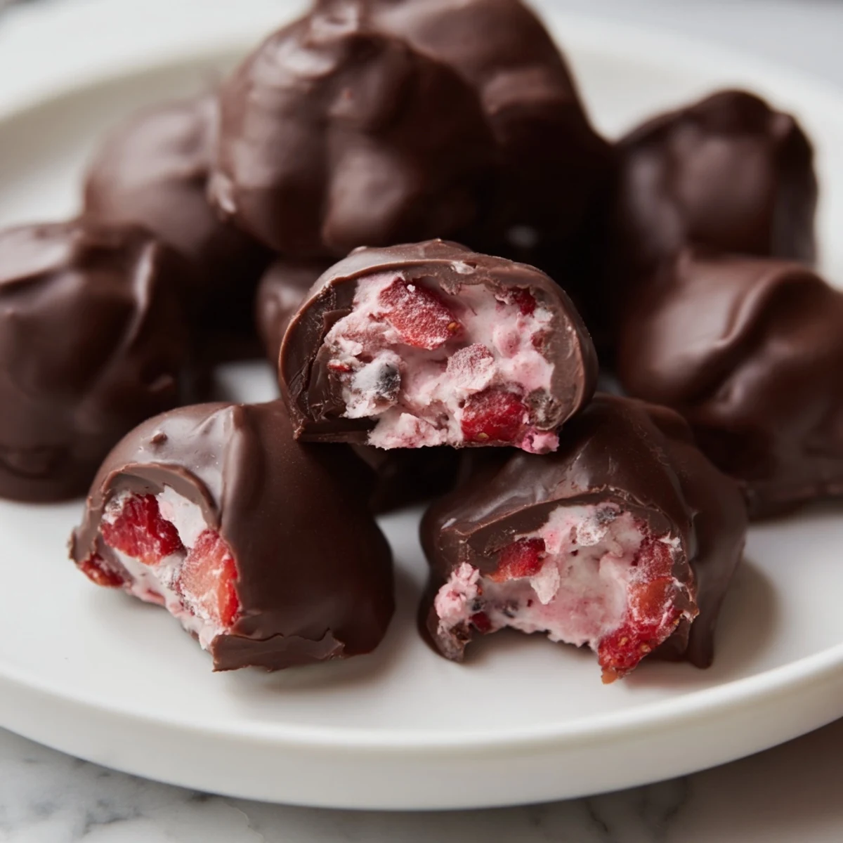 Chocolate Covered Strawberry Greek Yogurt Clusters, frozen to perfection with a luscious chocolate coating.