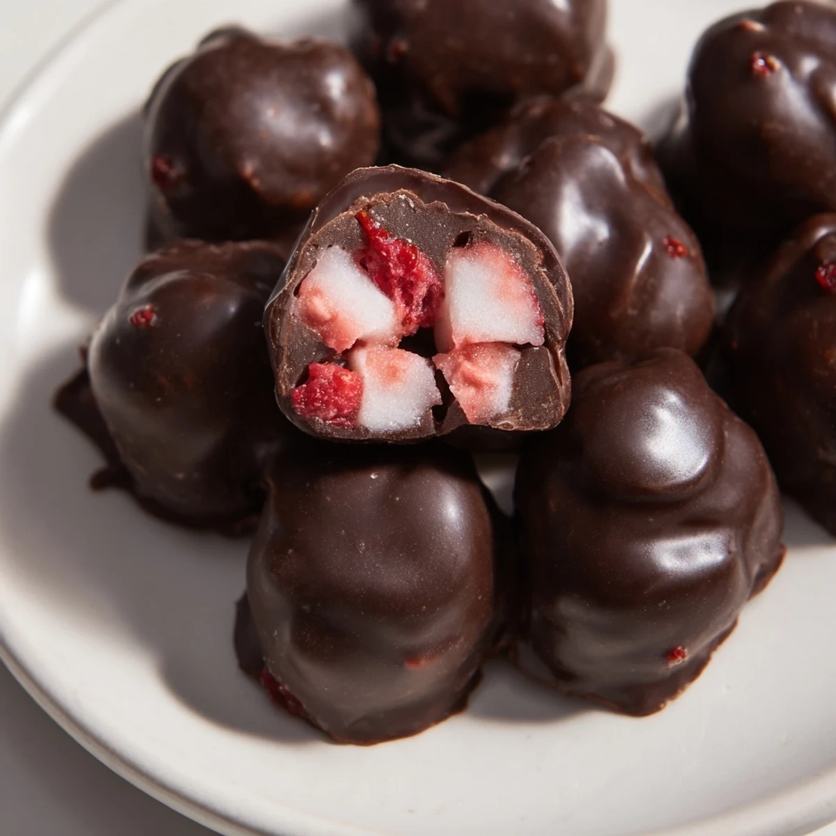 Delicious homemade Chocolate Covered Strawberry Greek Yogurt Clusters, perfect for a refreshing, anytime treat.