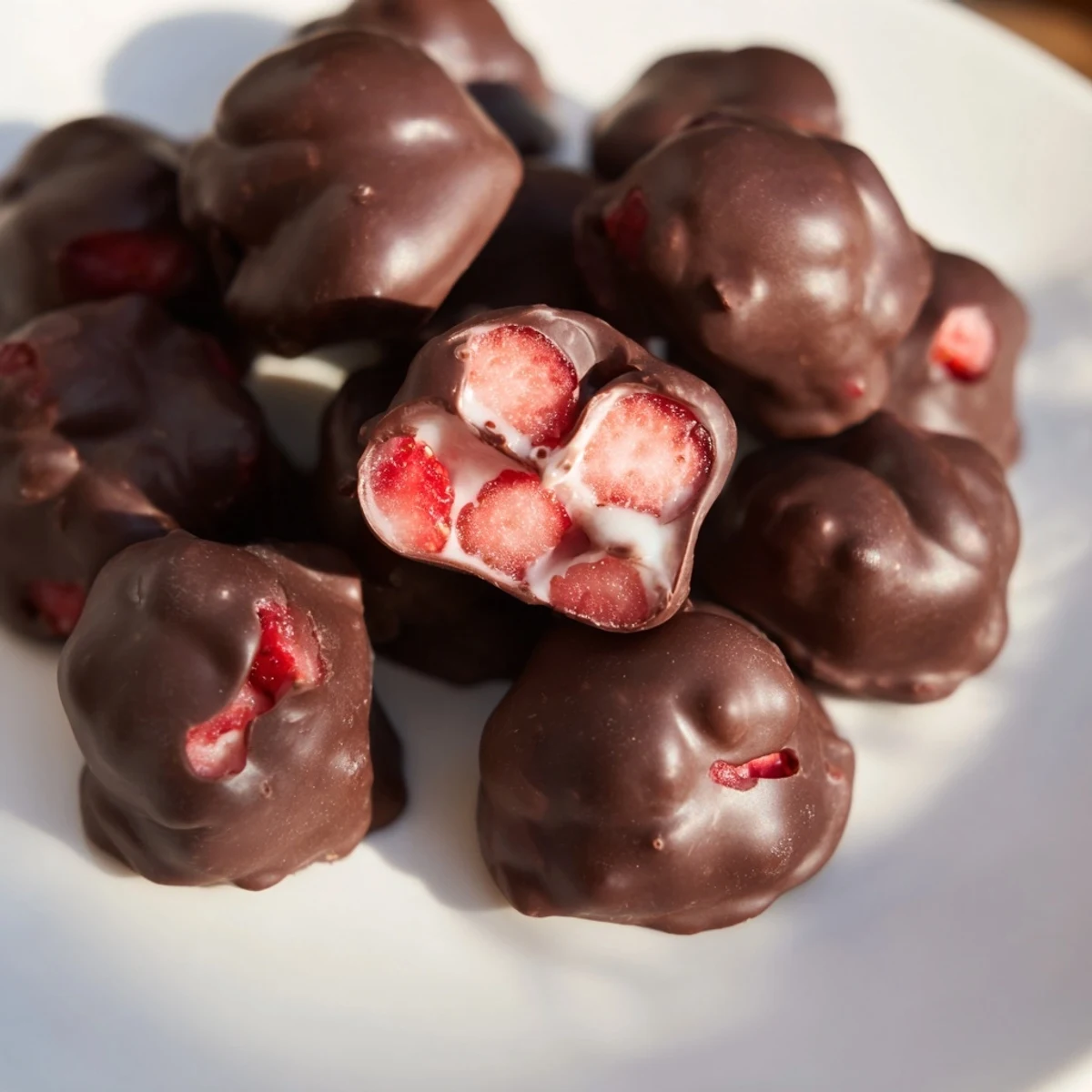Healthy Chocolate Covered Strawberry Greek Yogurt Clusters, ready to eat, boasting juicy strawberries and creamy yogurt.