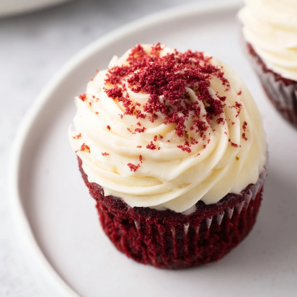 Golden-topped red velvet cupcakes with a generous swirl of cream cheese frosting, so tempting.