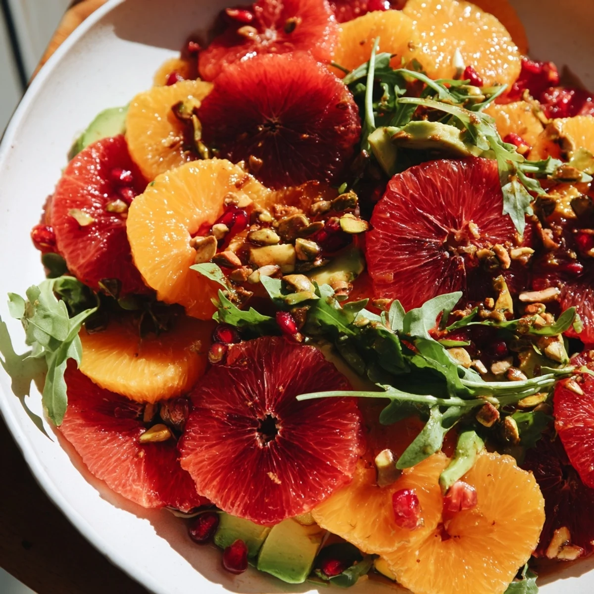 Freshly assembled Winter Citrus Salad with Pomegranate Vinaigrette, ready for a delicious and healthy bite.