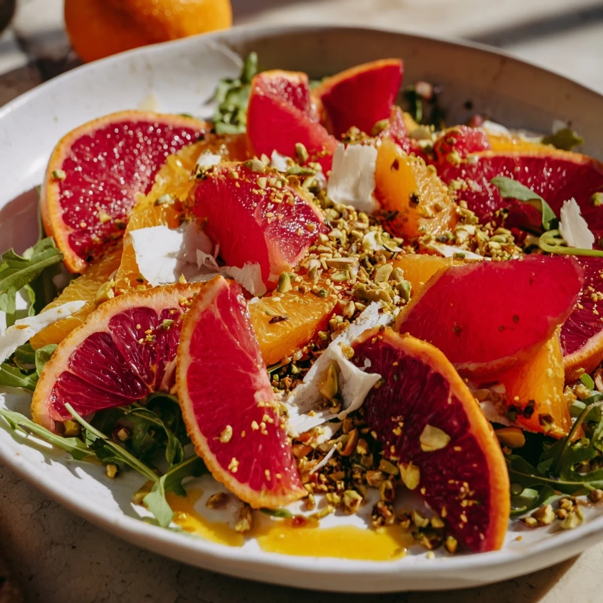 A colorful salad of Winter Citrus with Pomegranate Vinaigrette; bright citrus, avocado, and toasted nuts are visible.
