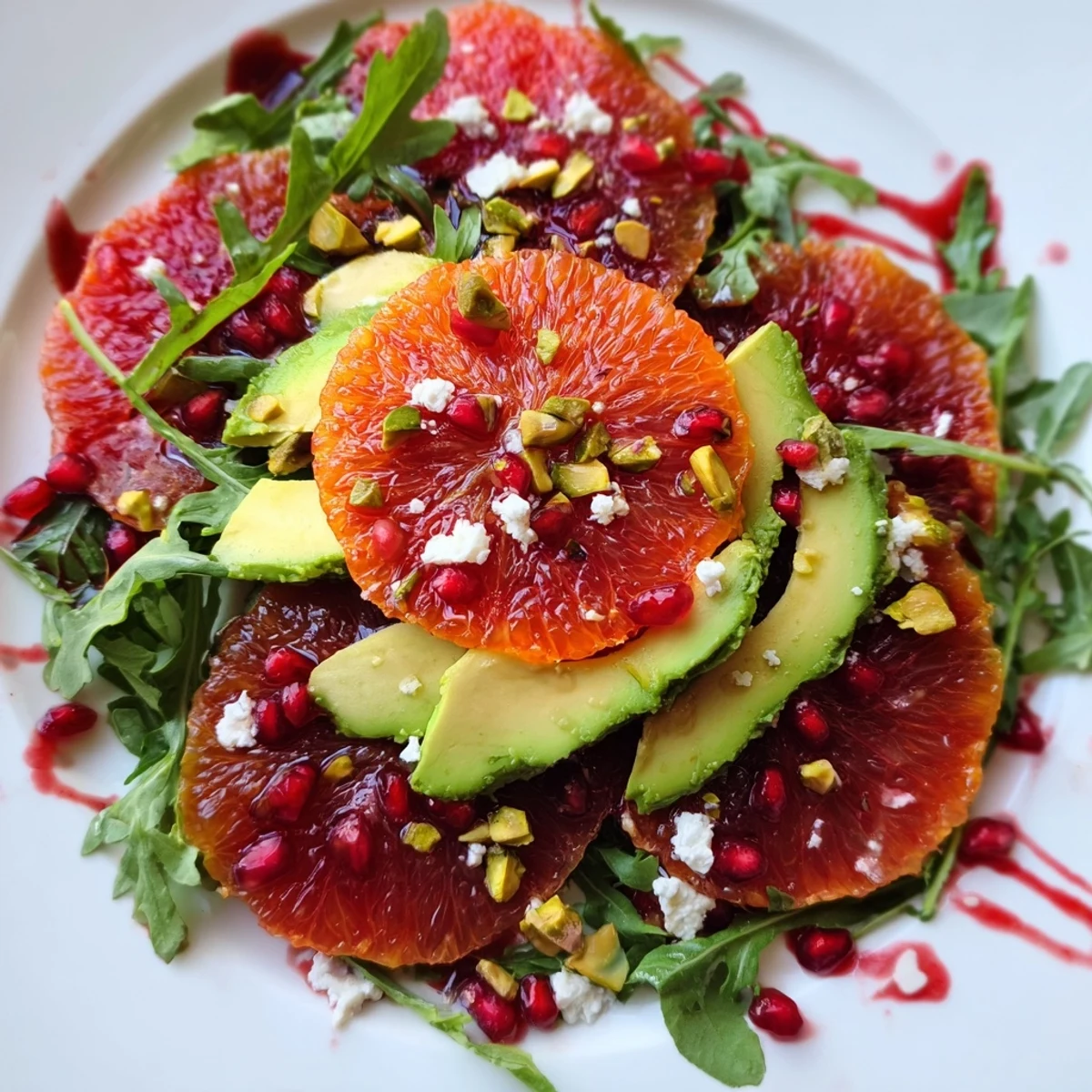 A colorful salad of Winter Citrus with Pomegranate Vinaigrette; bright citrus, avocado, and toasted nuts are visible.