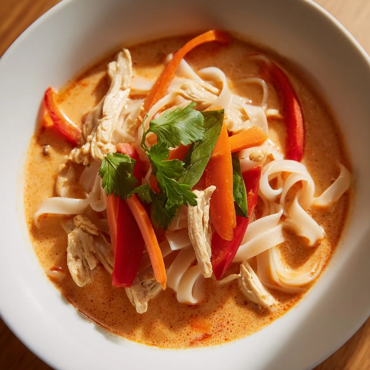 Thai Red Curry Noodle Soup with Chicken steaming in a bowl with vibrant red peppers and snap peas. 