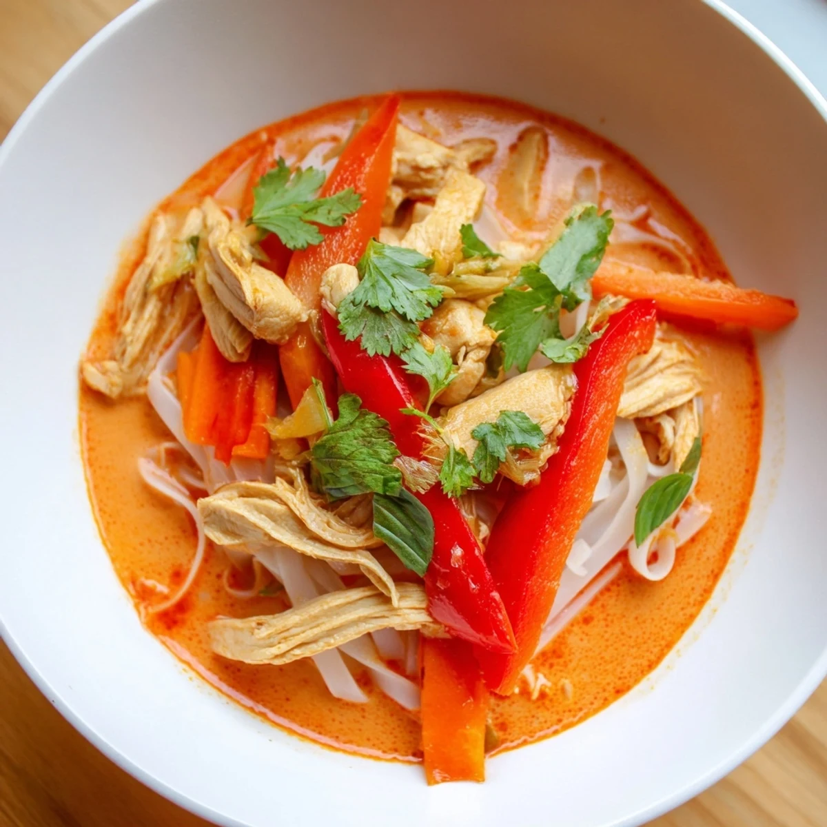 Thai Red Curry Noodle Soup with Chicken served hot with lime wedges and chopsticks ready to eat.
