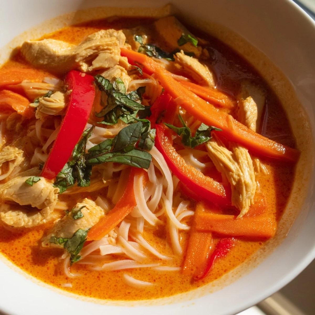 A close-up of Thai Red Curry Noodle Soup with chicken, garnished with fresh basil and cilantro. 