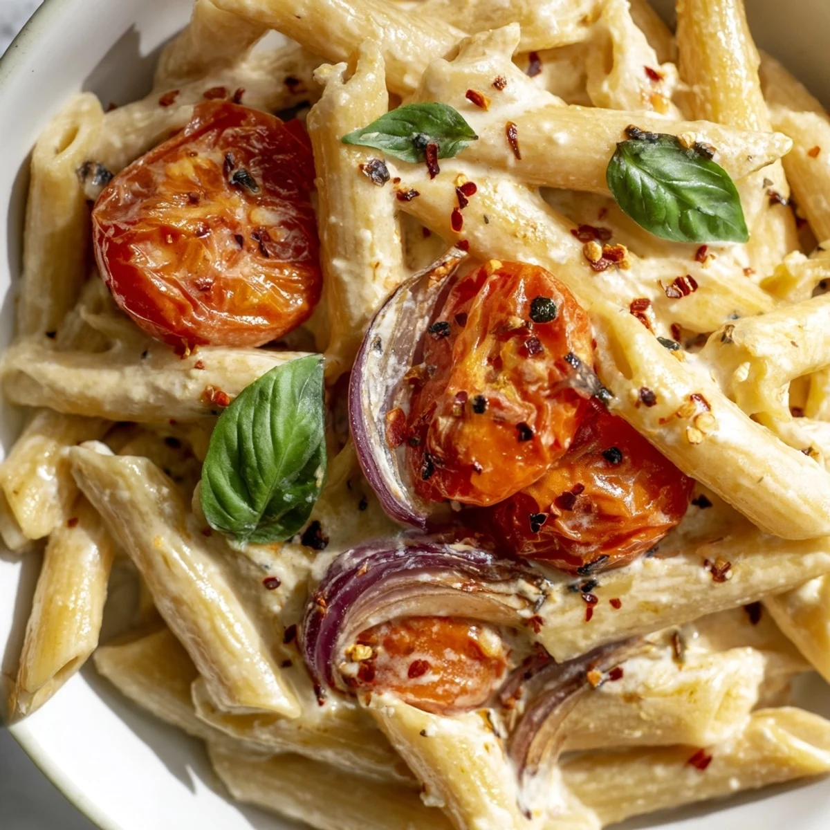 Oven-baked feta pasta with blistered cherry tomatoes and fresh basil in a white dish.