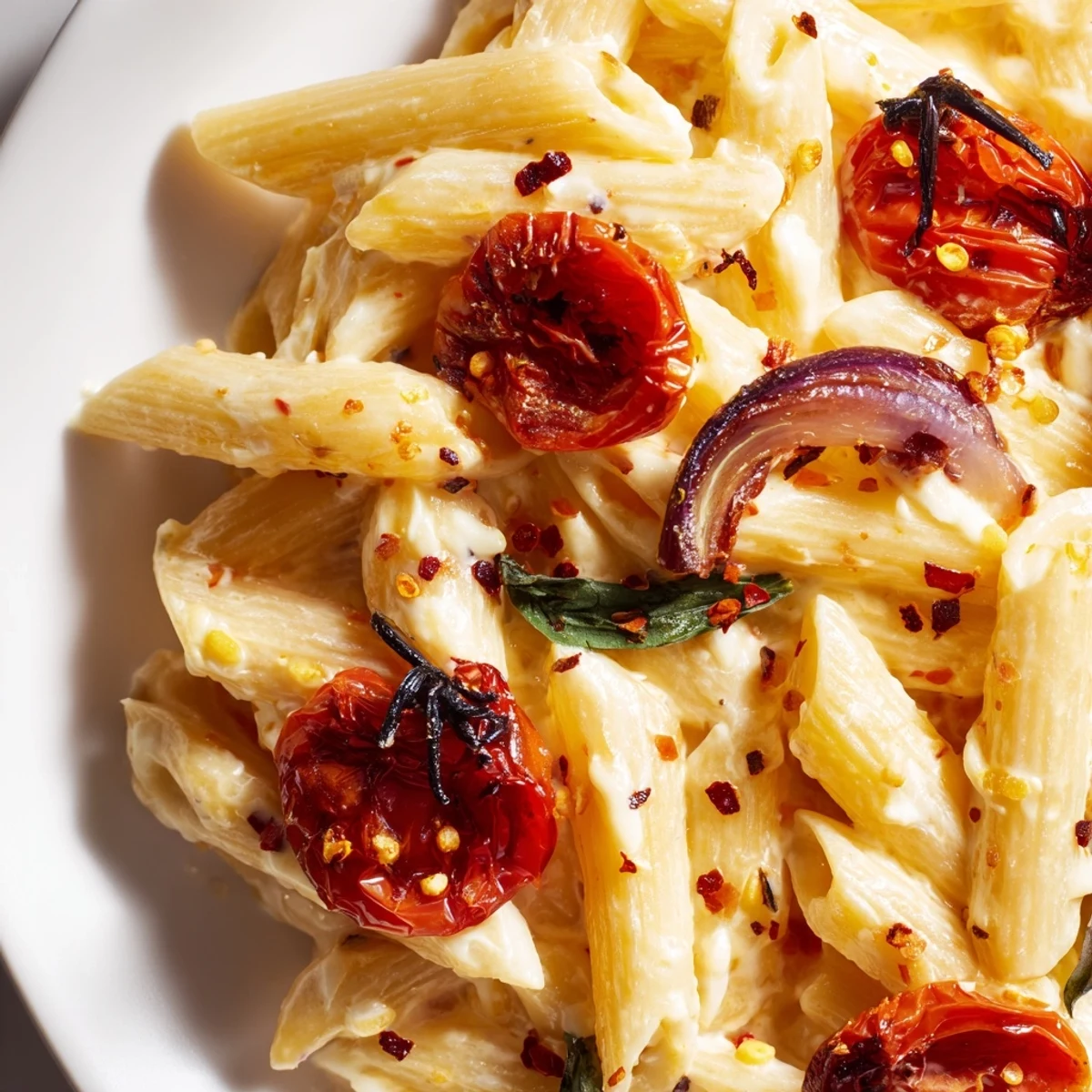 This baked feta pasta features golden roasted cheese and vibrant tomatoes, served ready to enjoy.