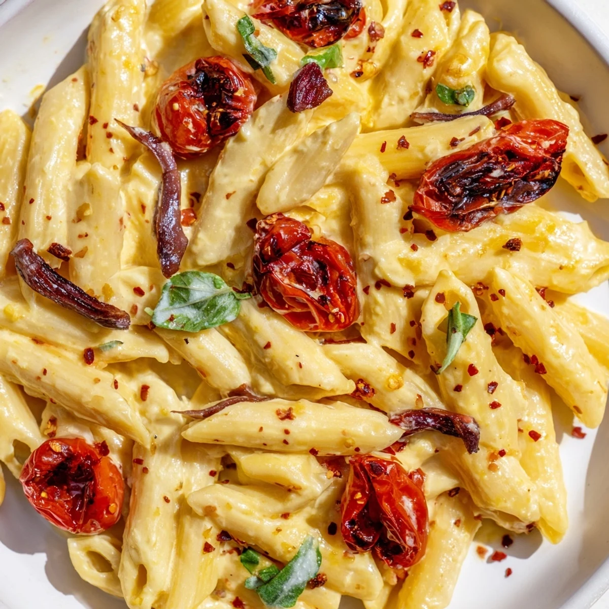 Creamy baked feta pasta with cherry tomatoes and basil tossed together in a baking dish.