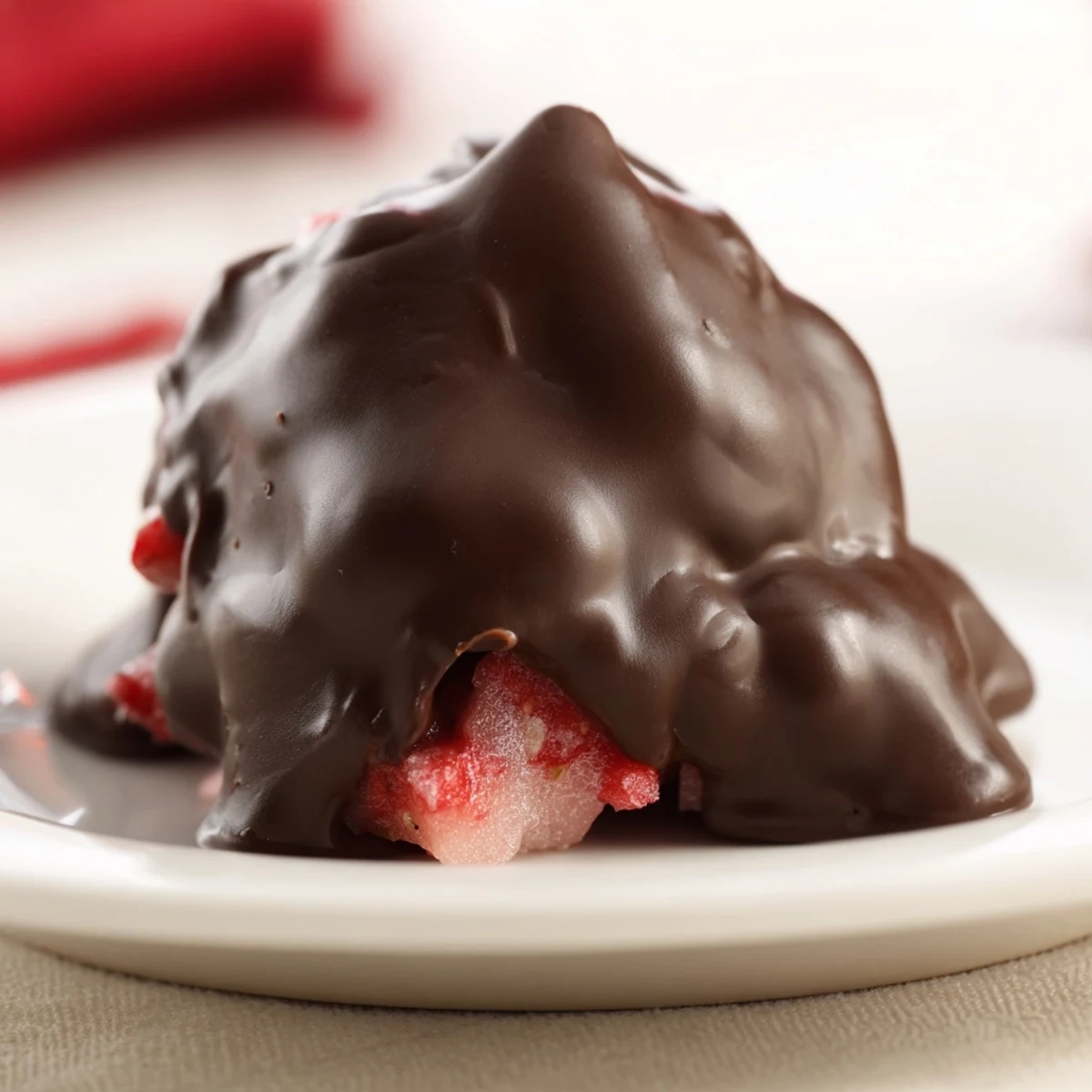 Chocolate Covered Strawberry Yogurt Clusters with a dark chocolate shell, served on parchment paper.