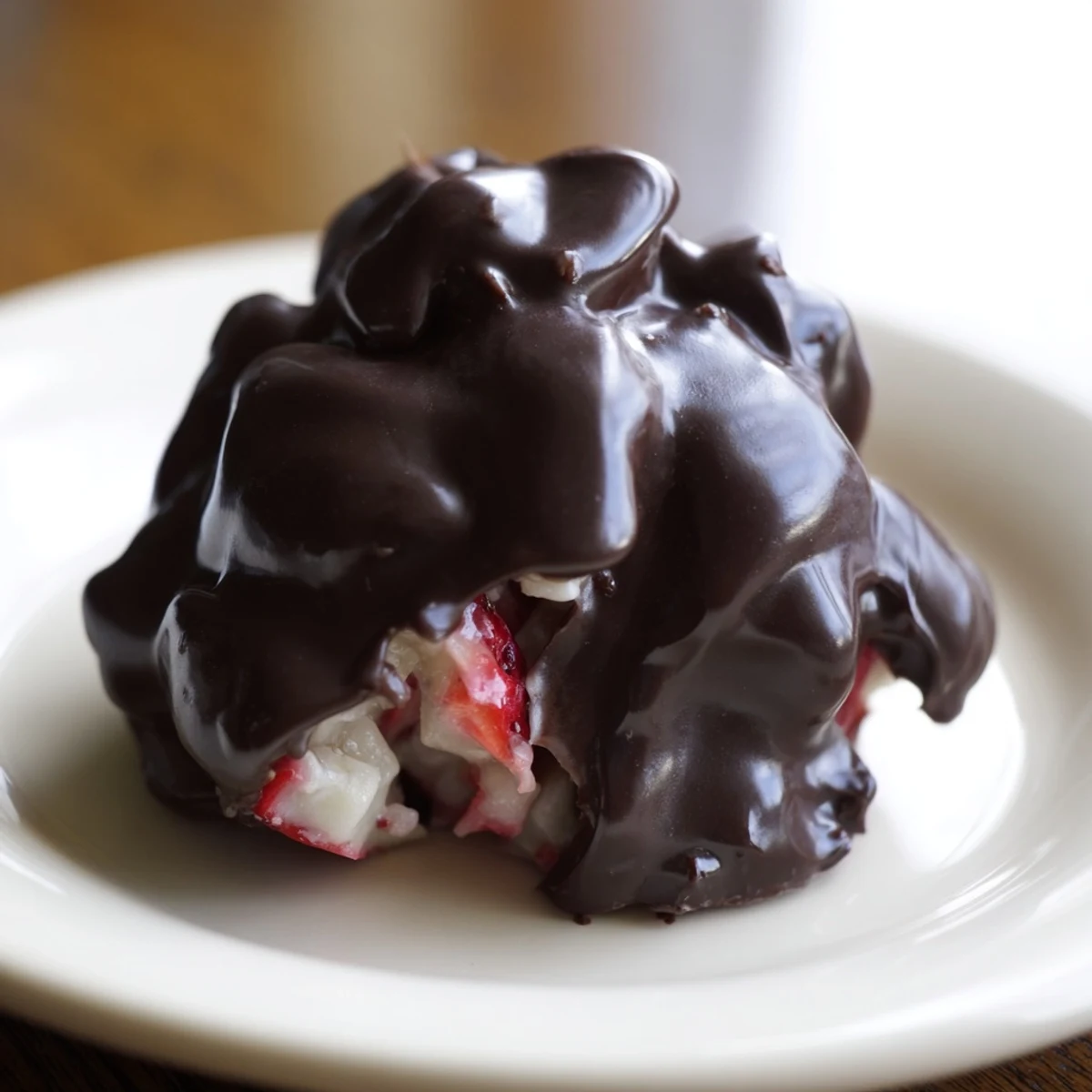 Fresh strawberry Greek yogurt clusters dipped in chocolate, perfect frozen dessert bites for snacking.