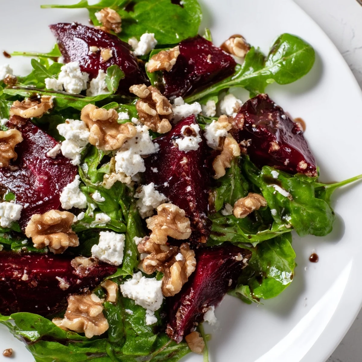Roasted Beet and Goat Cheese Salad with Walnuts served on a bed of peppery arugula and spinach, garnished with crumbled cheese and a balsamic drizzle.