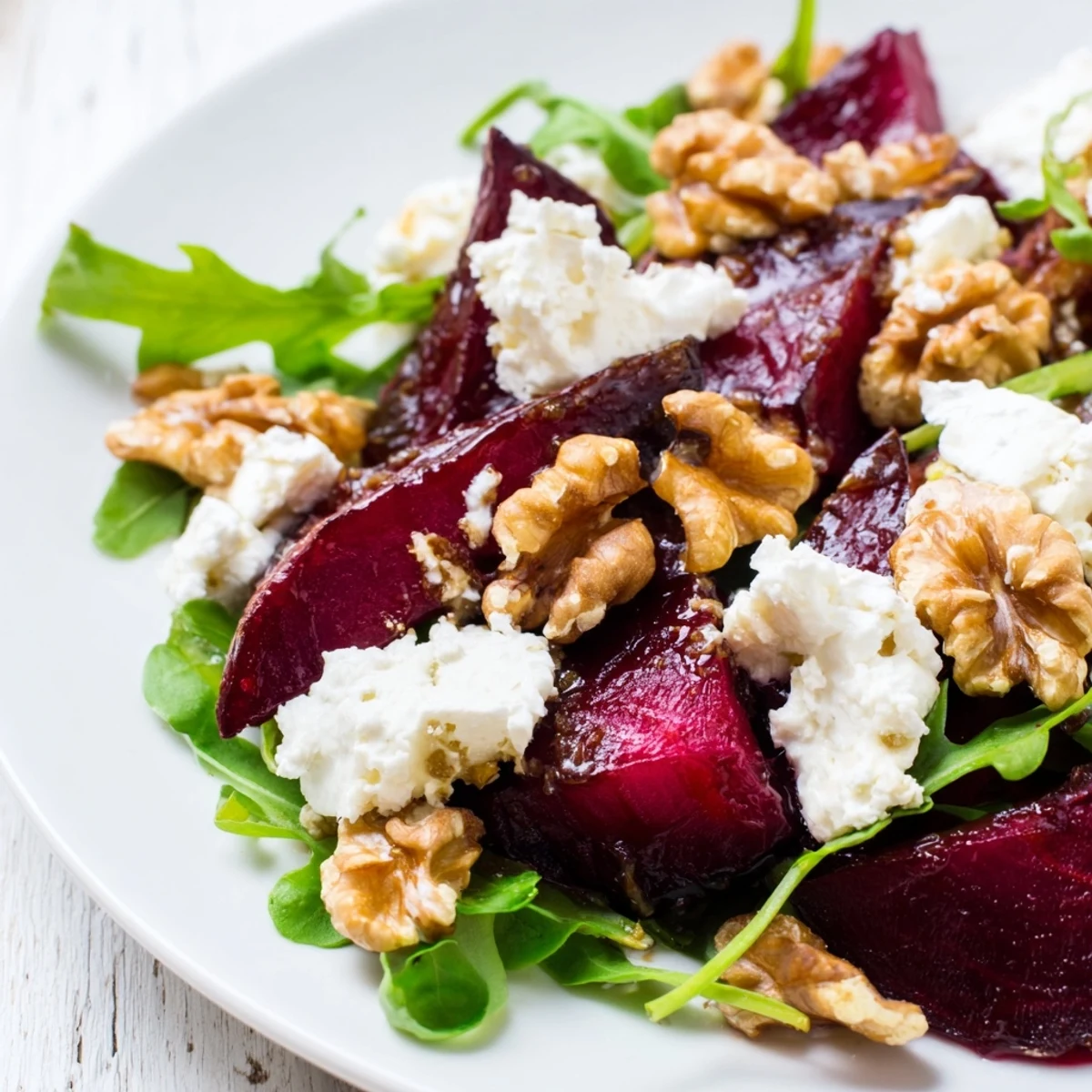 Close-up of Roasted Beet and Goat Cheese Salad with Walnuts featuring ruby-red beet wedges, creamy white goat cheese, and golden toasted walnuts on a rustic platter.