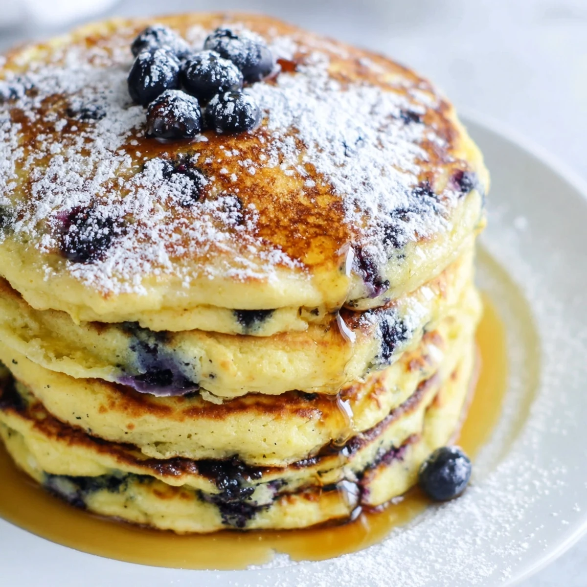 Fluffy Lemon Blueberry Ricotta Pancakes topped with powdered sugar and fresh berries on a plate.