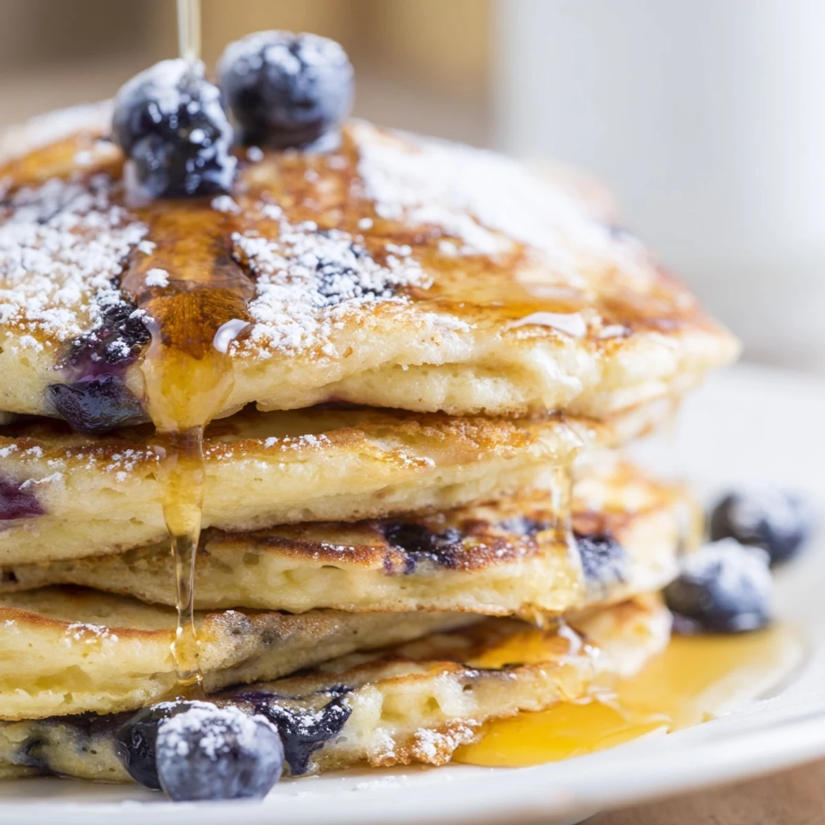 Warm Lemon Blueberry Ricotta Pancakes served with blueberry compote and a dollop of whipped cream.