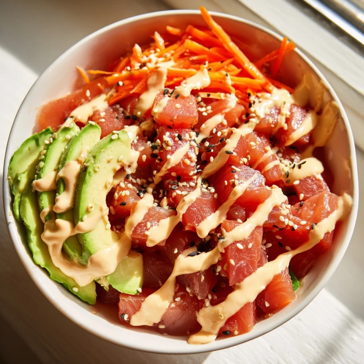 Close-up of a Spicy Tuna Poke Bowl with Sriracha Mayo, garnished with nori strips and sesame seeds on fluffy rice.