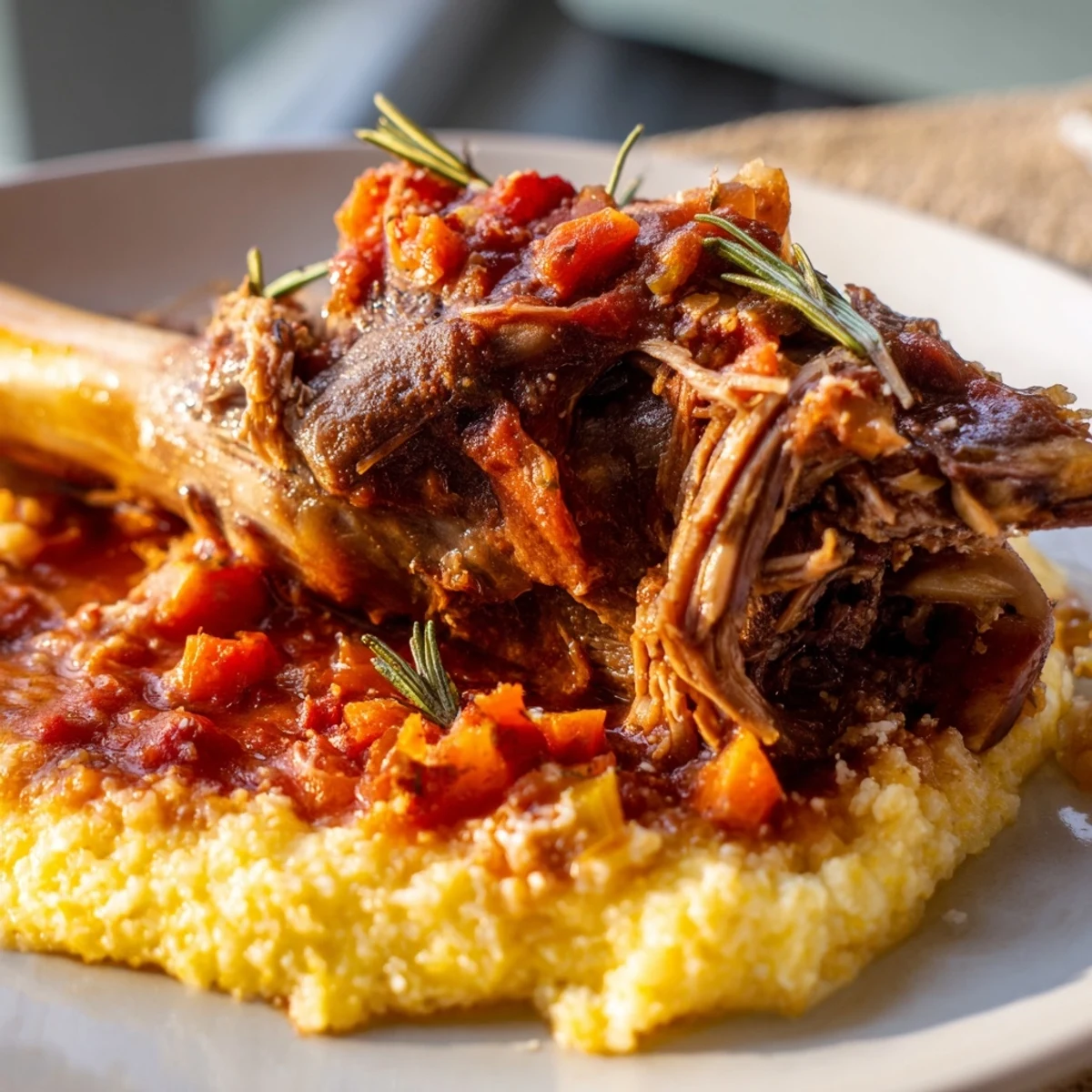 Slow Cooked Lamb Shanks rest atop creamy rosemary polenta, with the tender meat falling off the bone.