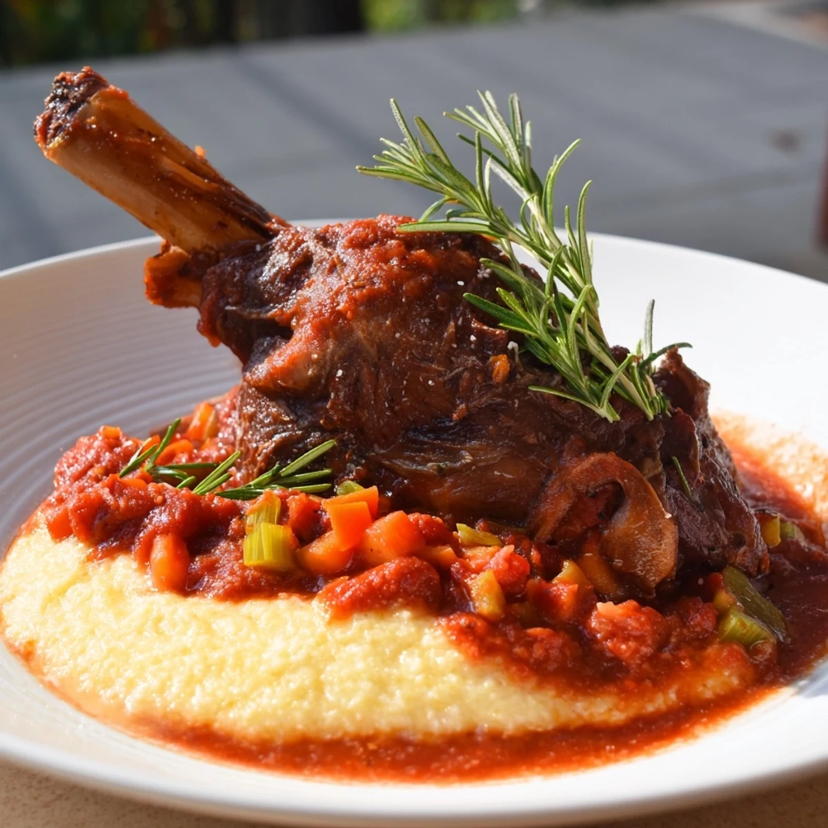 Fork-tender lamb shanks in a rich red wine sauce served over a bed of aromatic rosemary polenta.