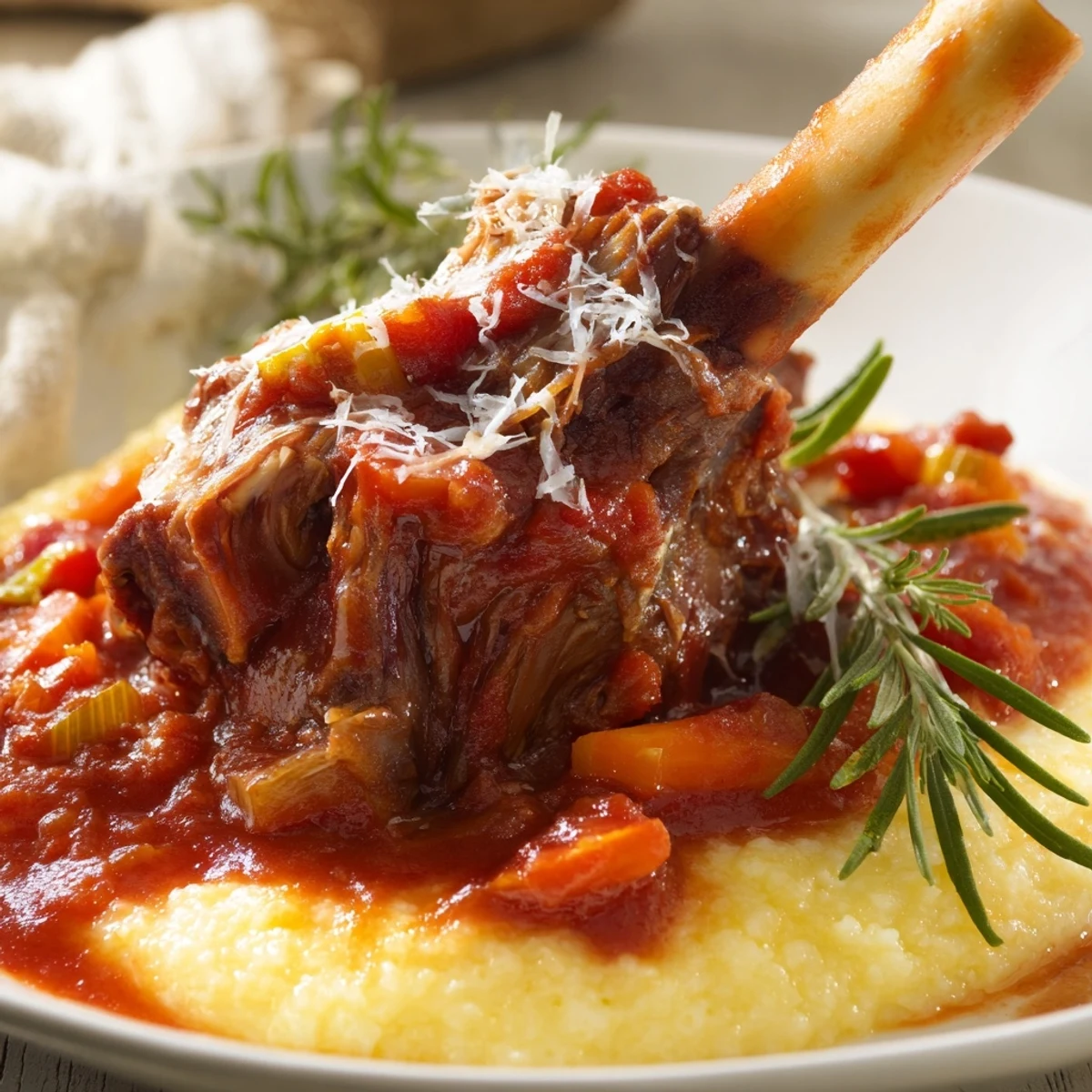 Golden-braised Slow Cooked Lamb Shanks plated with buttery rosemary polenta, perfect for a cozy Italian-style dinner.