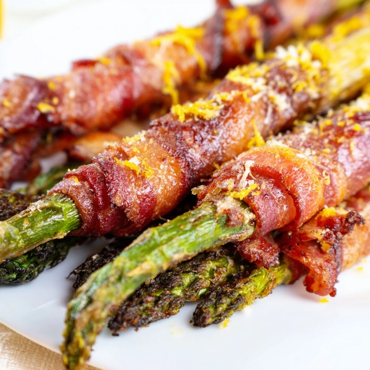 Close-up of golden Crispy Beef Bacon Wrapped Asparagus Bundles, highlighting the crunchy texture and tender roasted asparagus spears.