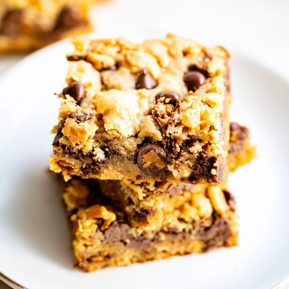 A close-up of warm Chocolate Chip Cookie Bars with Toffee revealing a gooey center and rich chocolate pools beside a tall glass of milk.