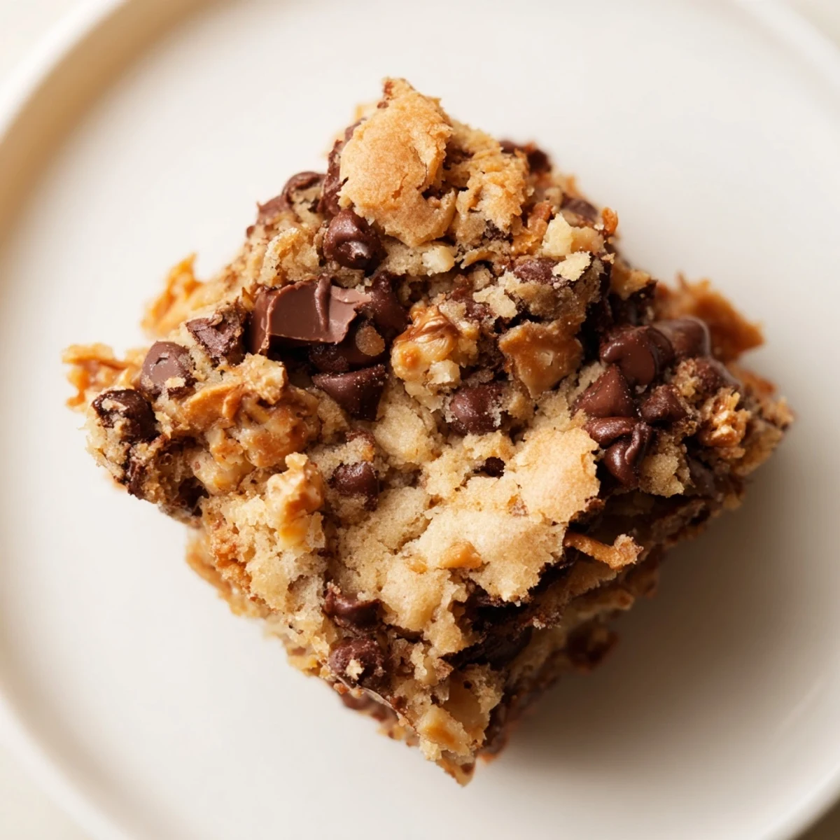 Golden-brown Chocolate Chip Cookie Bars with Toffee cut into squares, showcasing melted chocolate and crunchy toffee bits on a rustic wooden board.