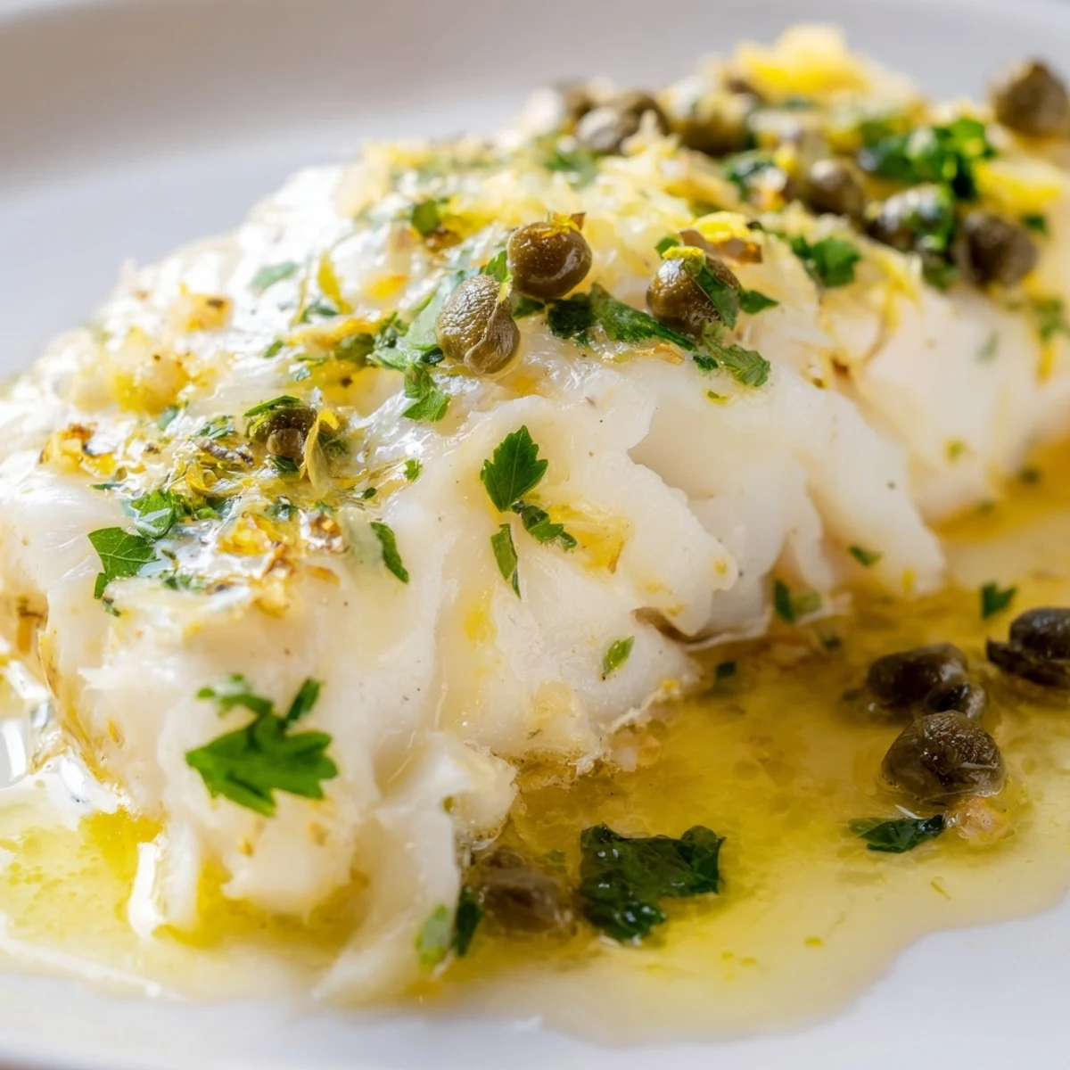 Golden-brown Baked Cod with Lemon and Butter Sauce flaking easily on a white plate with fresh lemon slices and parsley garnish.