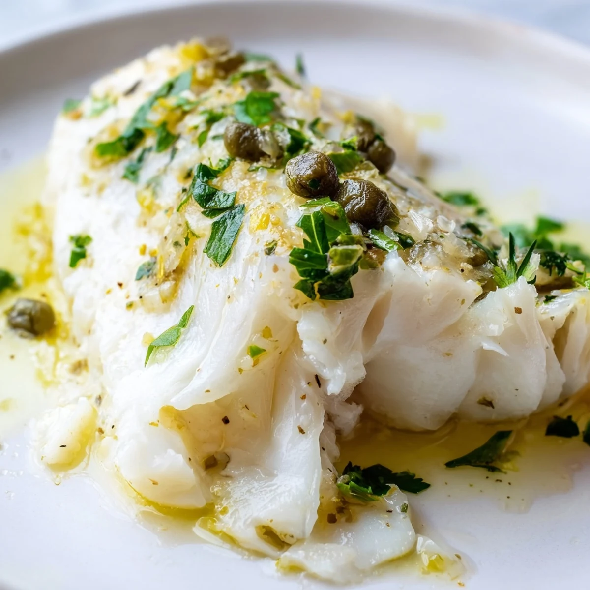 Close-up view of Baked Cod with Lemon and Butter Sauce showing flaky white fish, glossy lemon-butter glaze, and chopped parsley garnish.