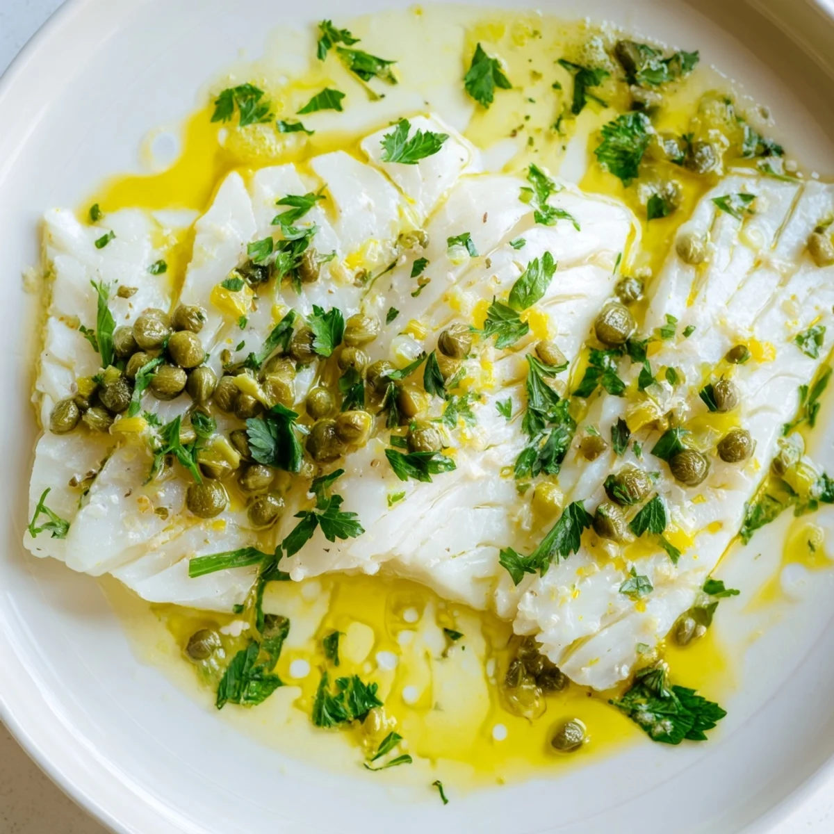 Tender, flaky Baked Cod with Lemon and Butter Sauce is spooned with silky sauce, served alongside steamed green beans for a healthy meal.