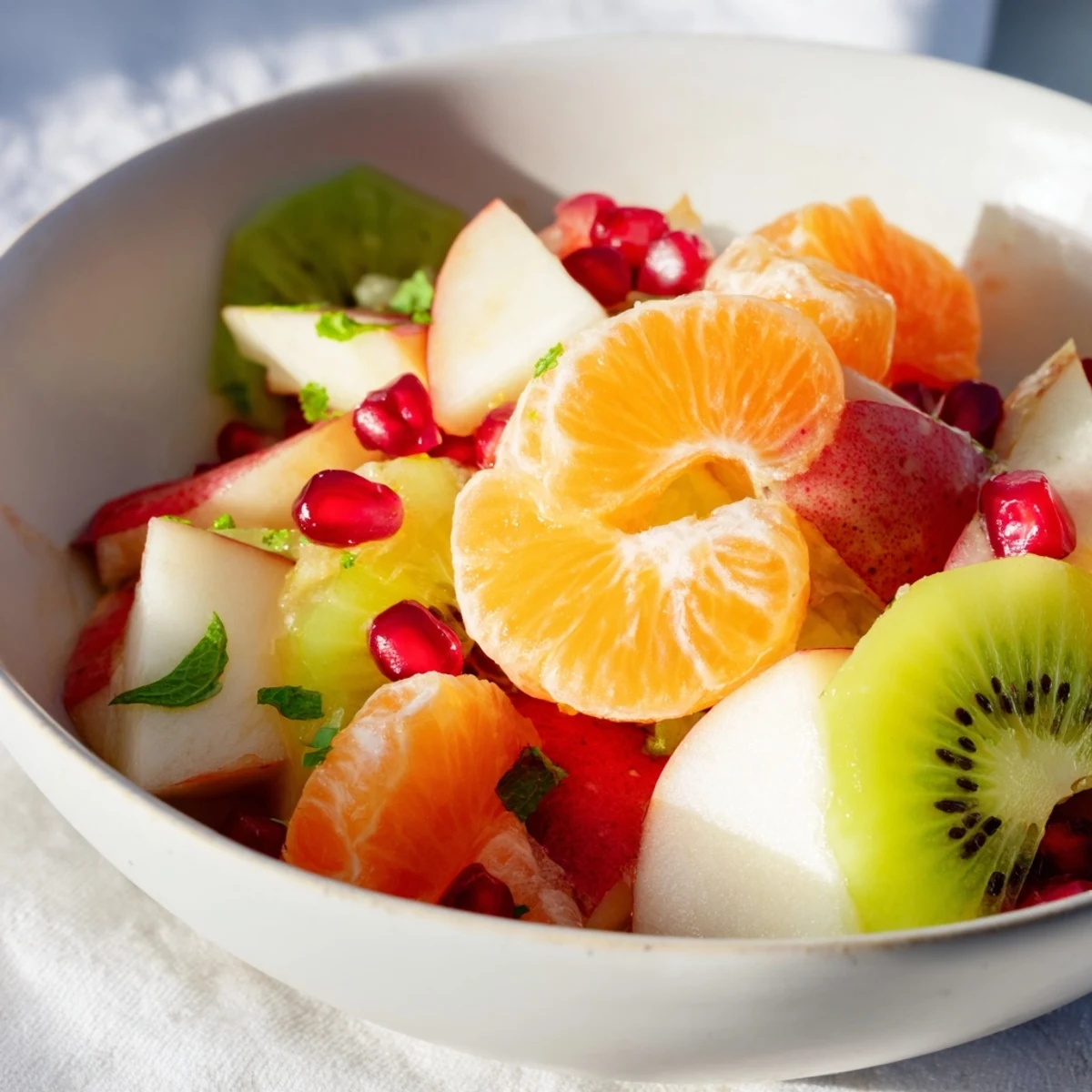 Freshly segmented oranges and grapefruit glisten in this Winter Fruit Salad with Mint and Lime, served in a rustic bowl.