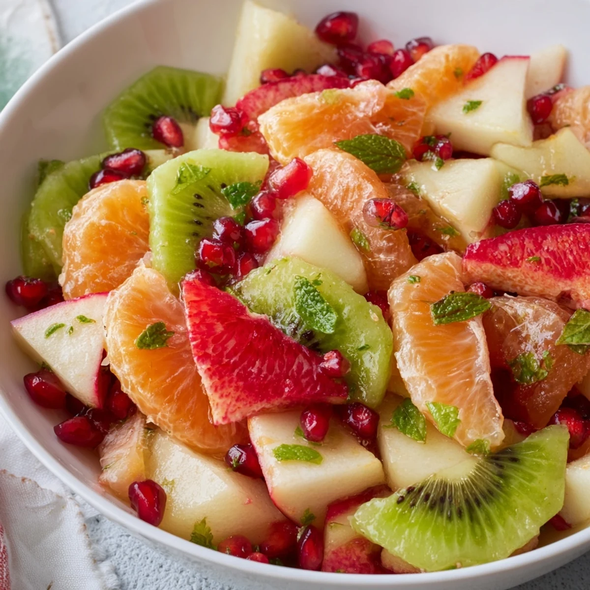 A close-up of vibrant pomegranate seeds and kiwi slices highlights the colorful ingredients in this Winter Fruit Salad with Mint and Lime.