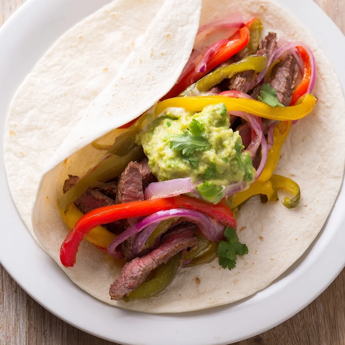Freshly sautéed beef strips with onions and peppers for Beef Fajitas, topped with creamy guacamole and sour cream in warm tortillas.
