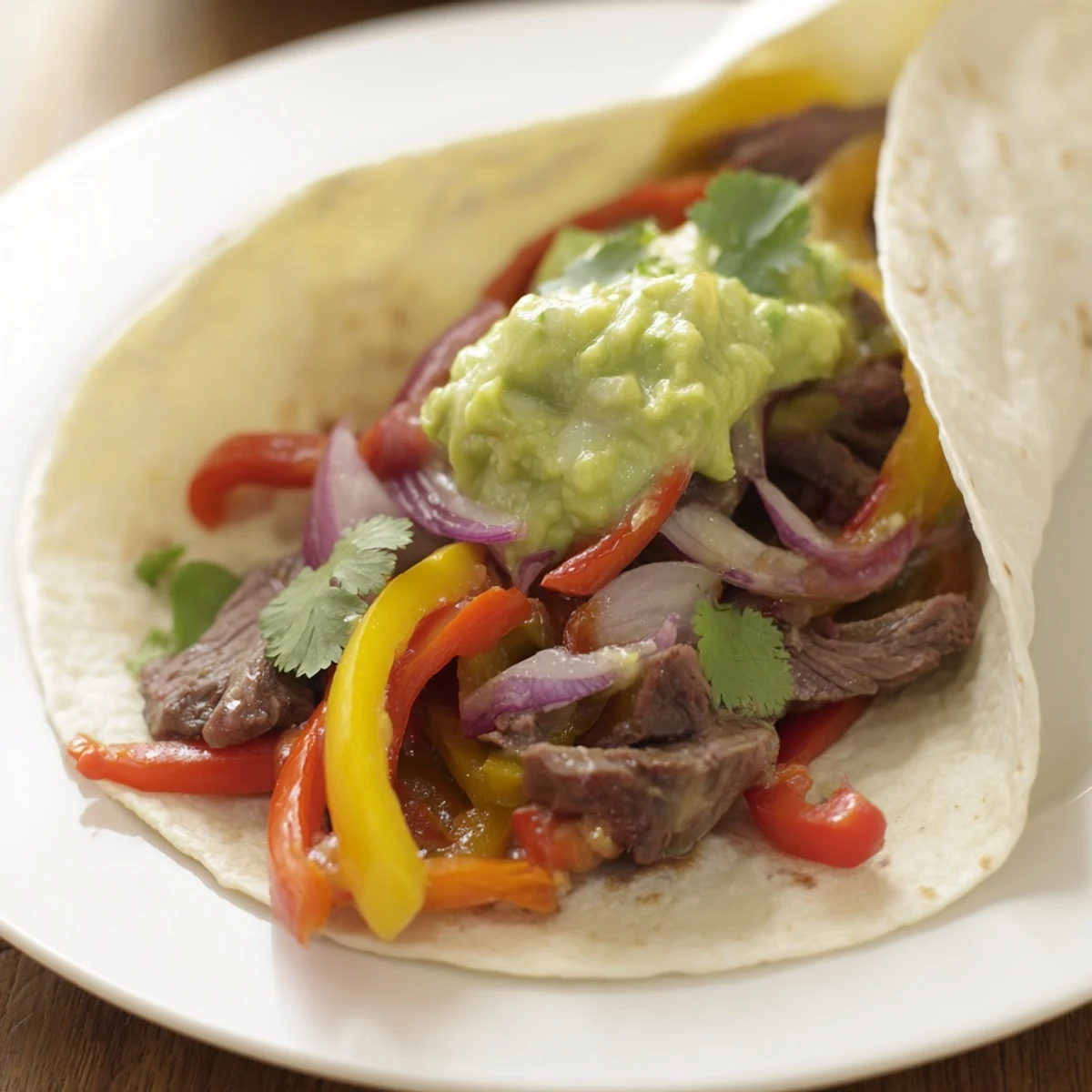 Golden brown fajita fillings in Beef Fajitas with guacamole and sour cream, served with fresh cilantro and lime wedges on a platter.