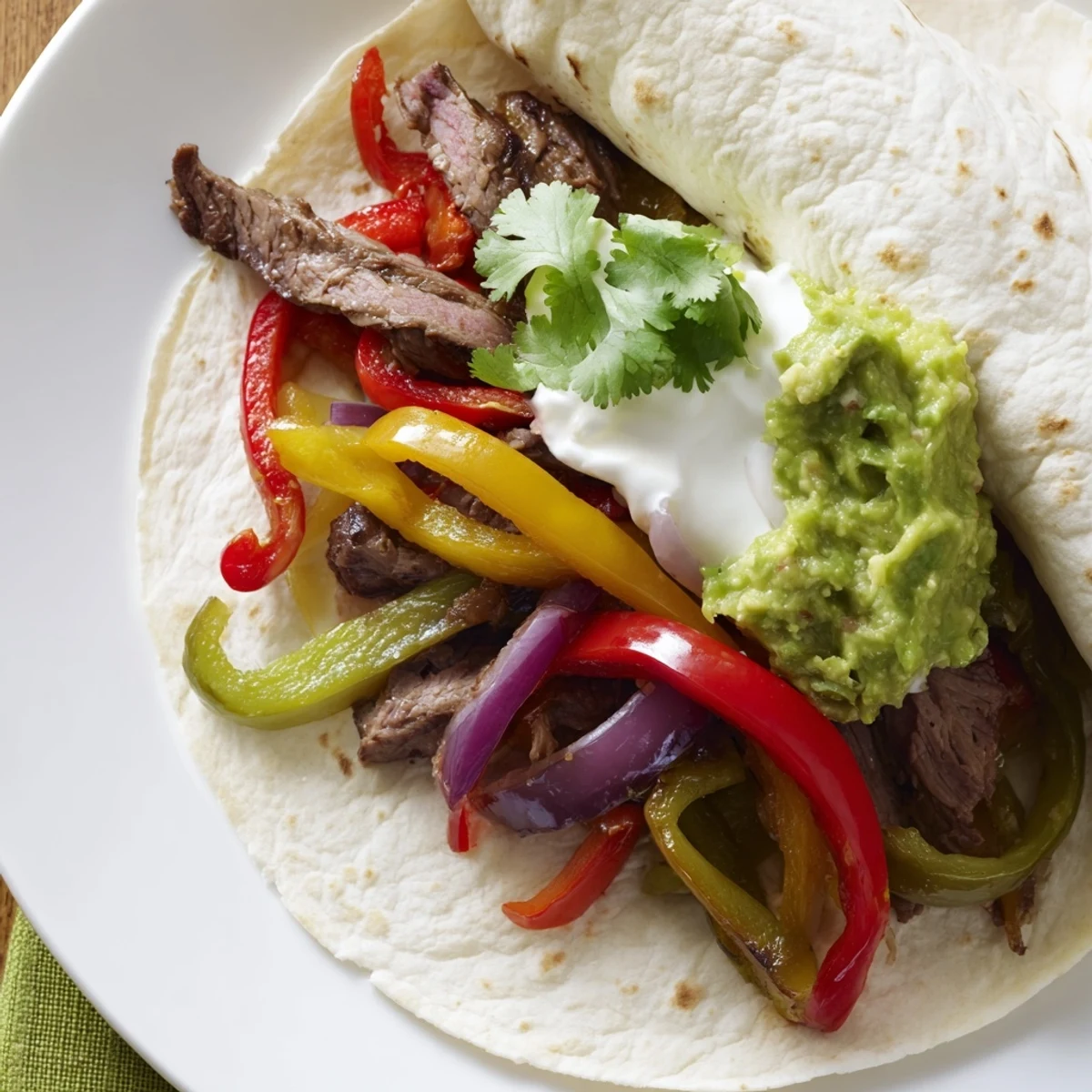 Sizzling skillet of Beef Fajitas with colorful peppers and onions, ready to be wrapped in tortillas with guacamole and sour cream.