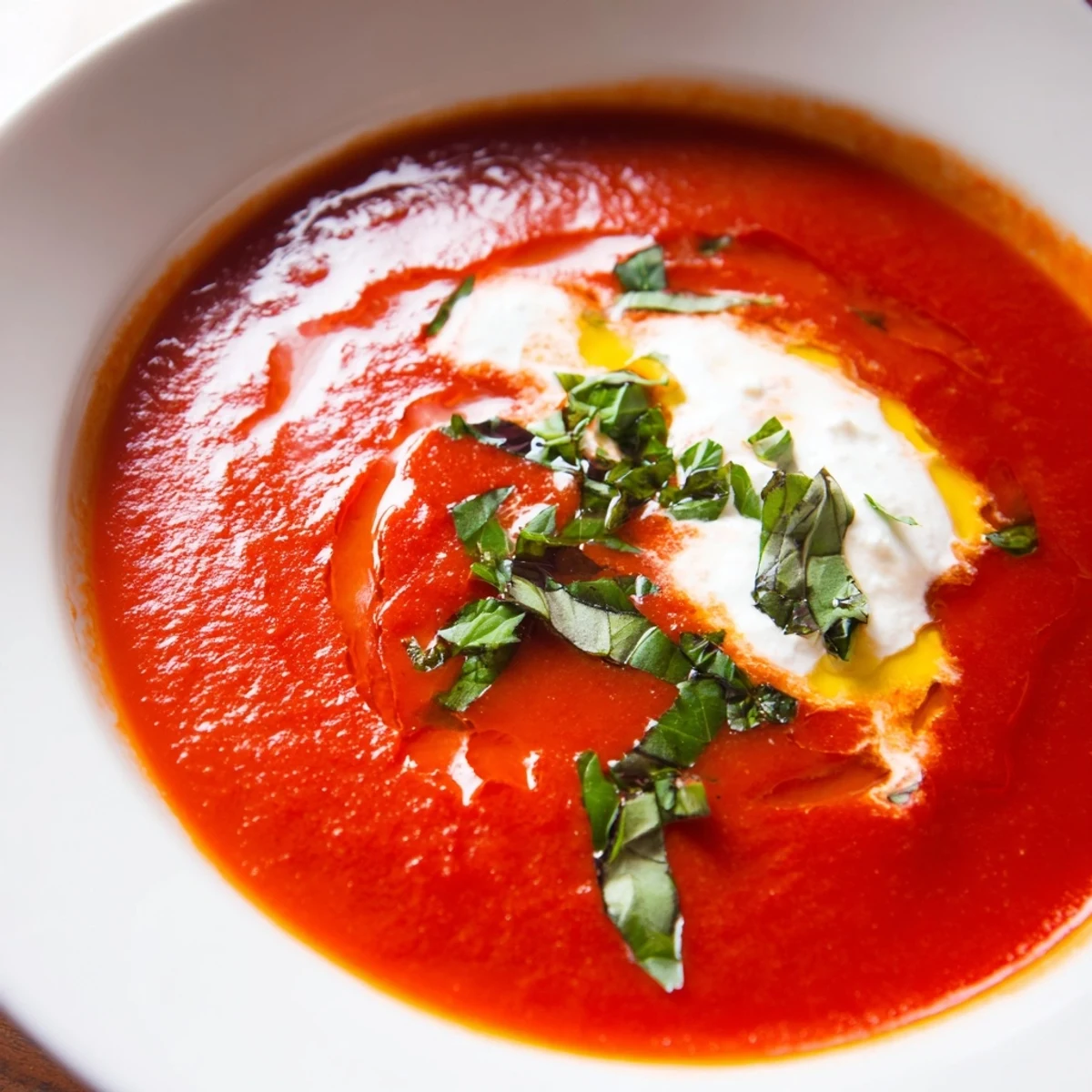 A bowl of Creamy Tomato Soup with Fresh Basil paired with a crispy grilled cheese sandwich.