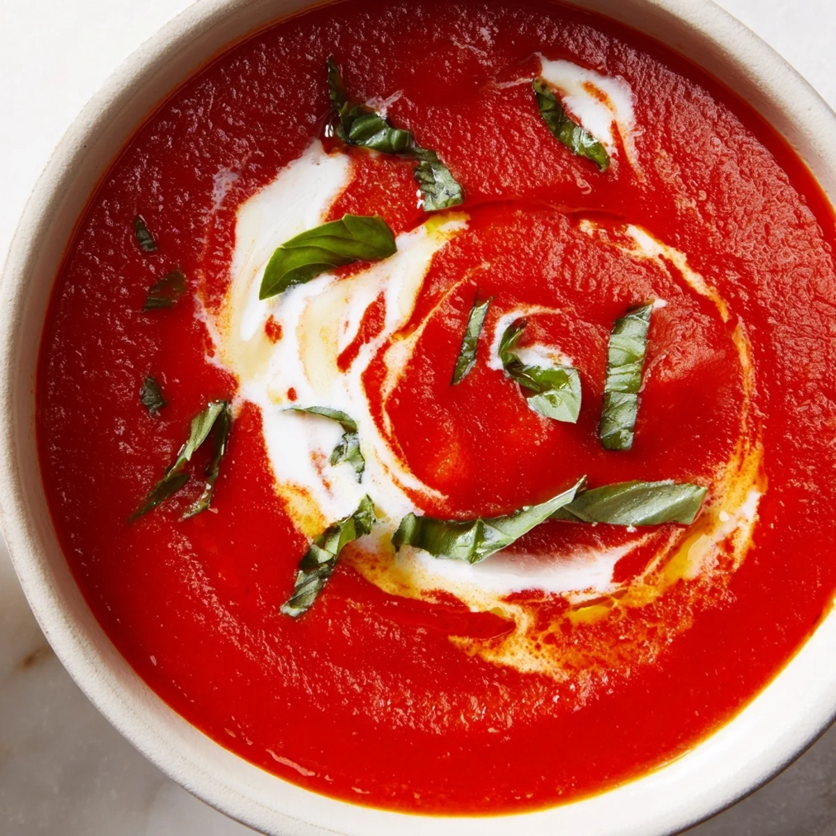 A pot of Creamy Tomato Soup with Fresh Basil being blended until velvety smooth with an immersion blender.