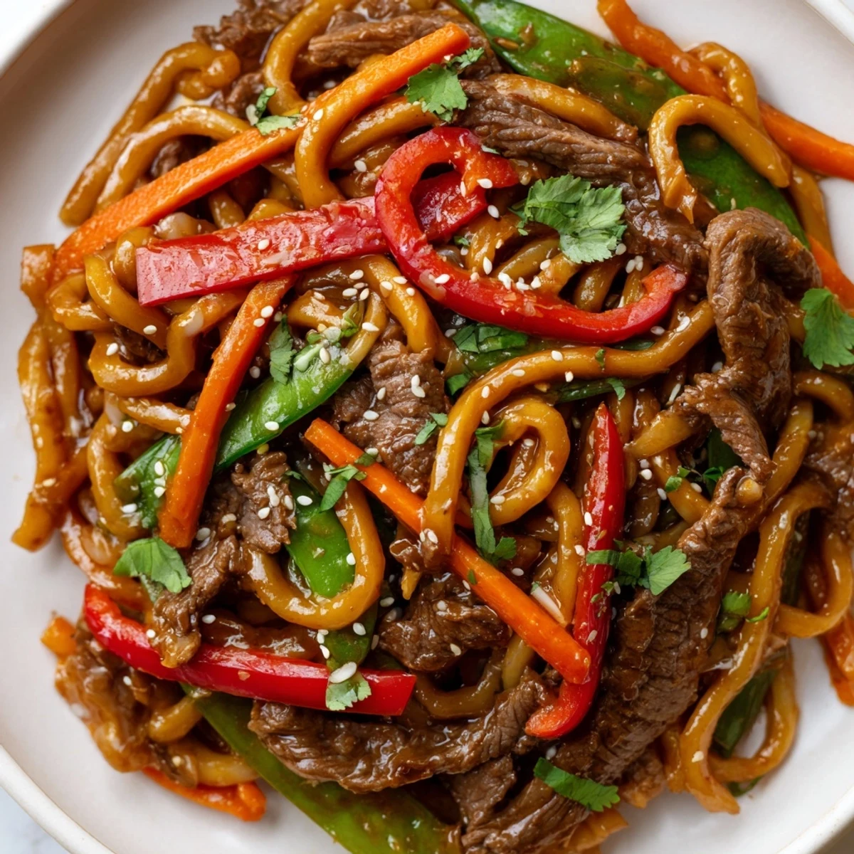 Spicy Beef Stir Fry with Udon Noodles features tender beef and crisp veggies glistening in a savory sauce in a hot wok.