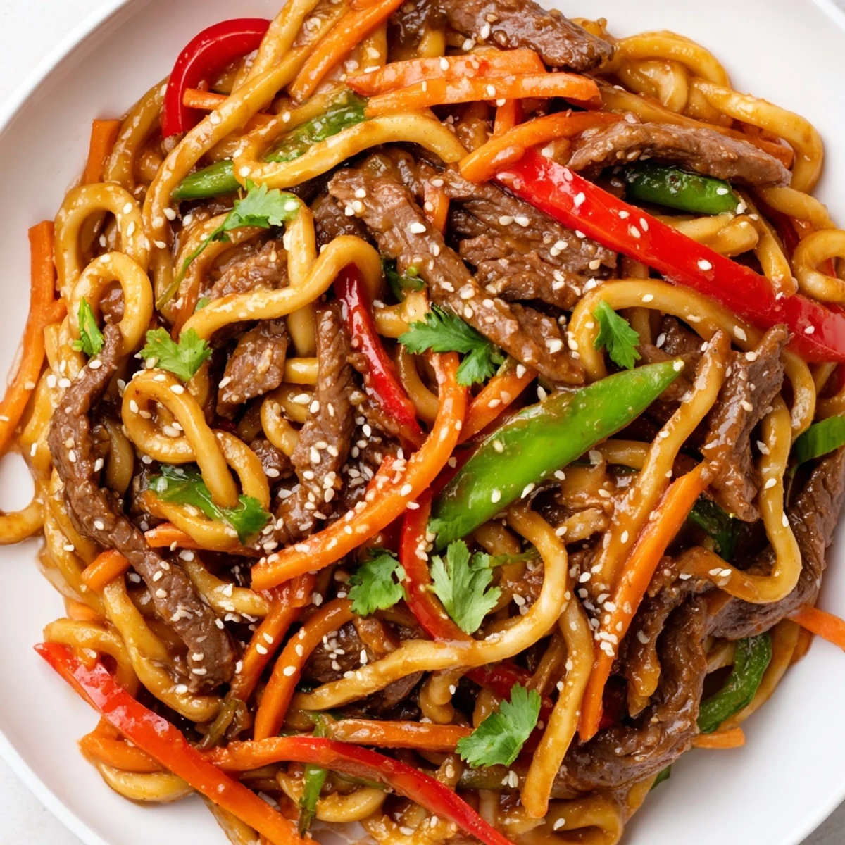 A close-up of Spicy Beef Stir Fry with Udon Noodles, garnished with sesame seeds and fresh cilantro, ready to serve.