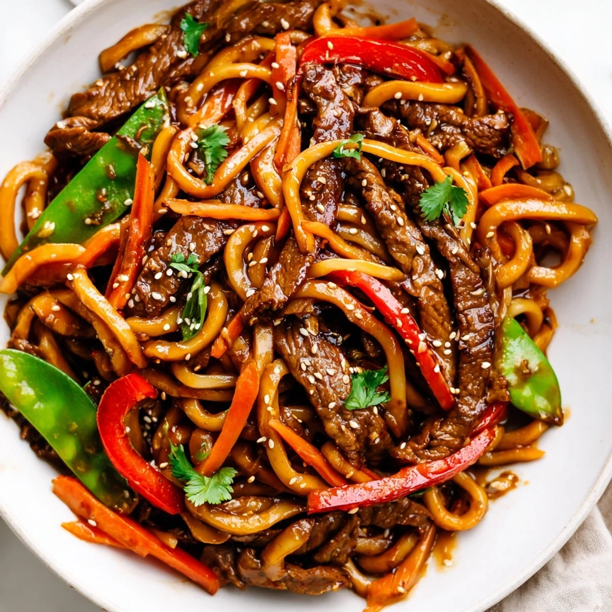 Plated Spicy Beef Stir Fry with Udon Noodles, mixing chewy noodles and colorful bell peppers for a delicious family meal.